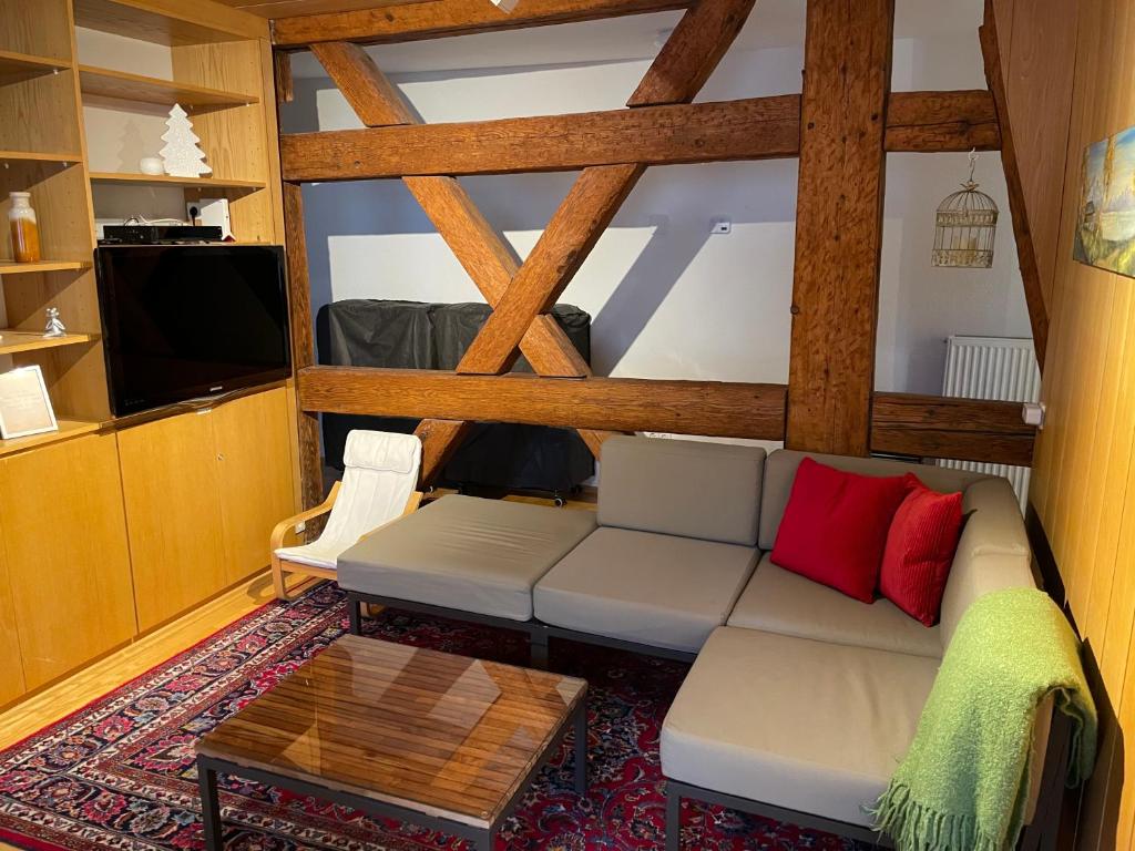 uma sala de estar com um sofá e uma televisão em Historische Unterkunft 2 in Lorch em Lorch