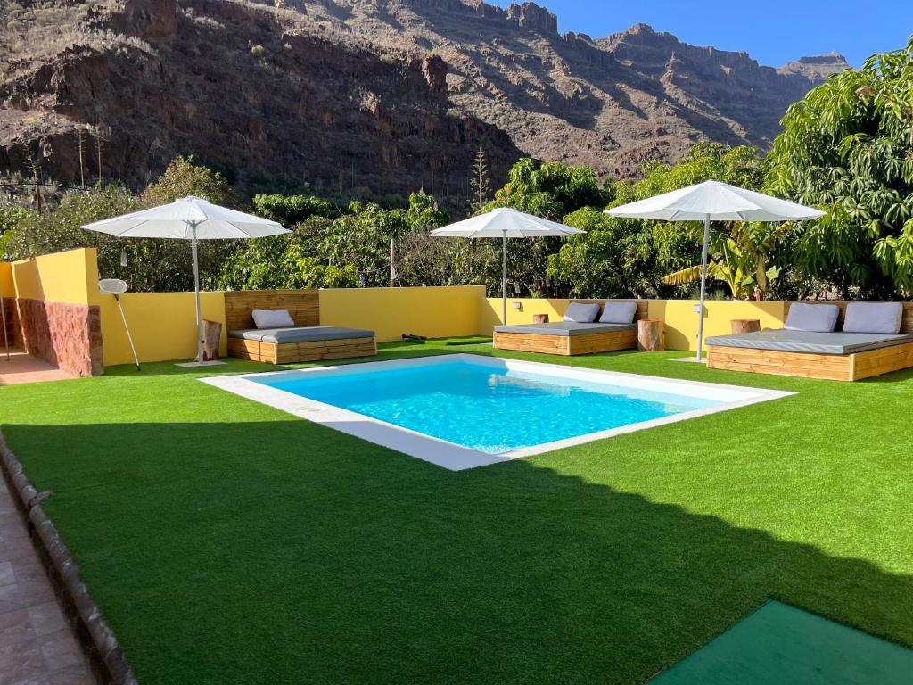 a pool with grass and umbrellas in a backyard at SUNNY CARMELITO DELUXE in Mogán