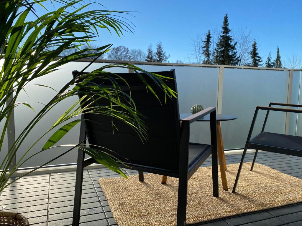 a black chair sitting next to a plant on a patio at Design-Apartment in Langenbach
