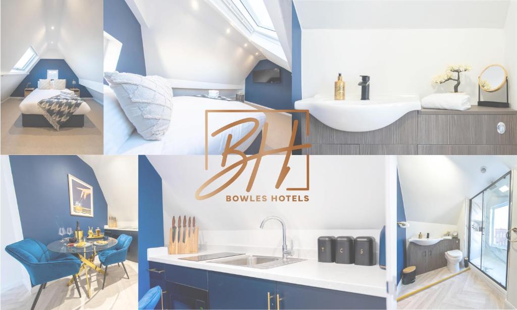 a collage of photos of a bathroom with blue walls at Bowles Hotels in Redcar
