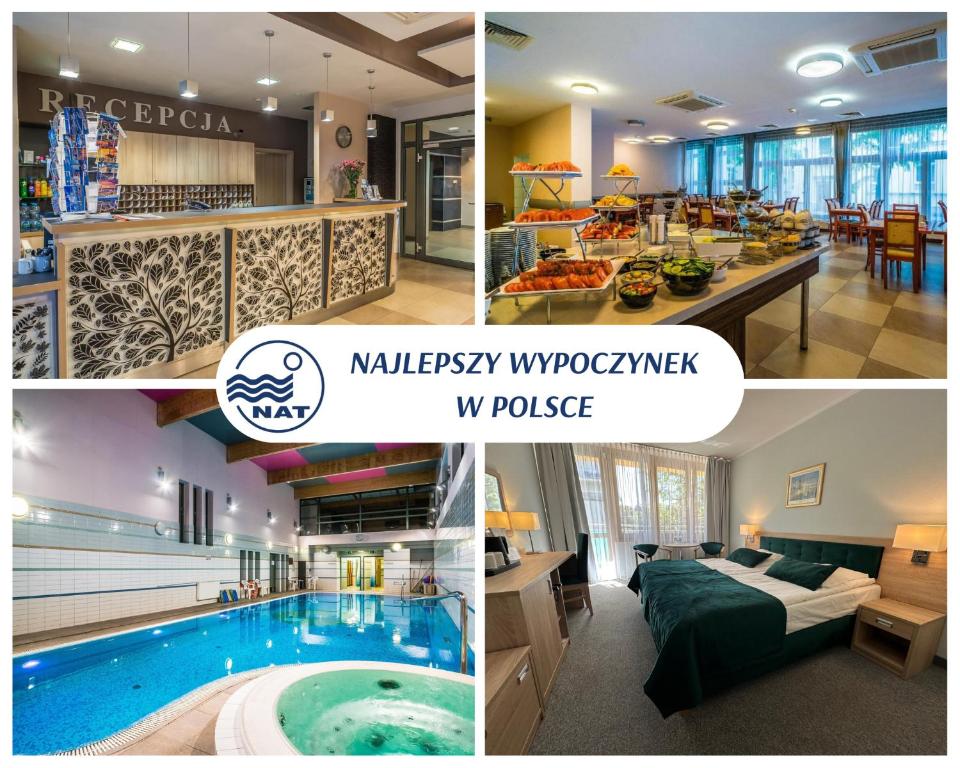 a collage of pictures of a hotel with a swimming pool at Hotel ***NAT Świnoujście in Świnoujście