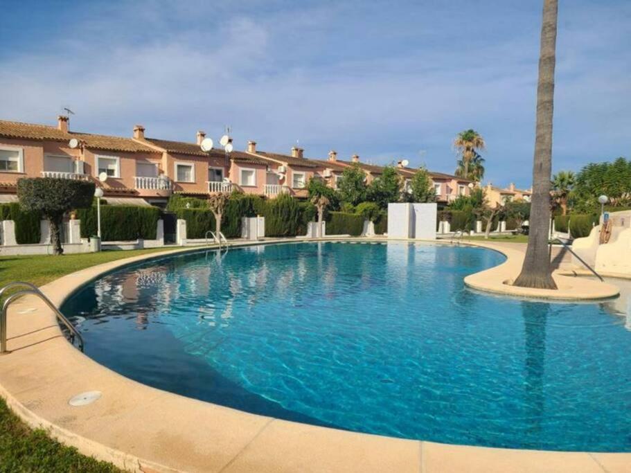 a large blue swimming pool with a palm tree at Casa Sofia in Els Poblets in Els Poblets