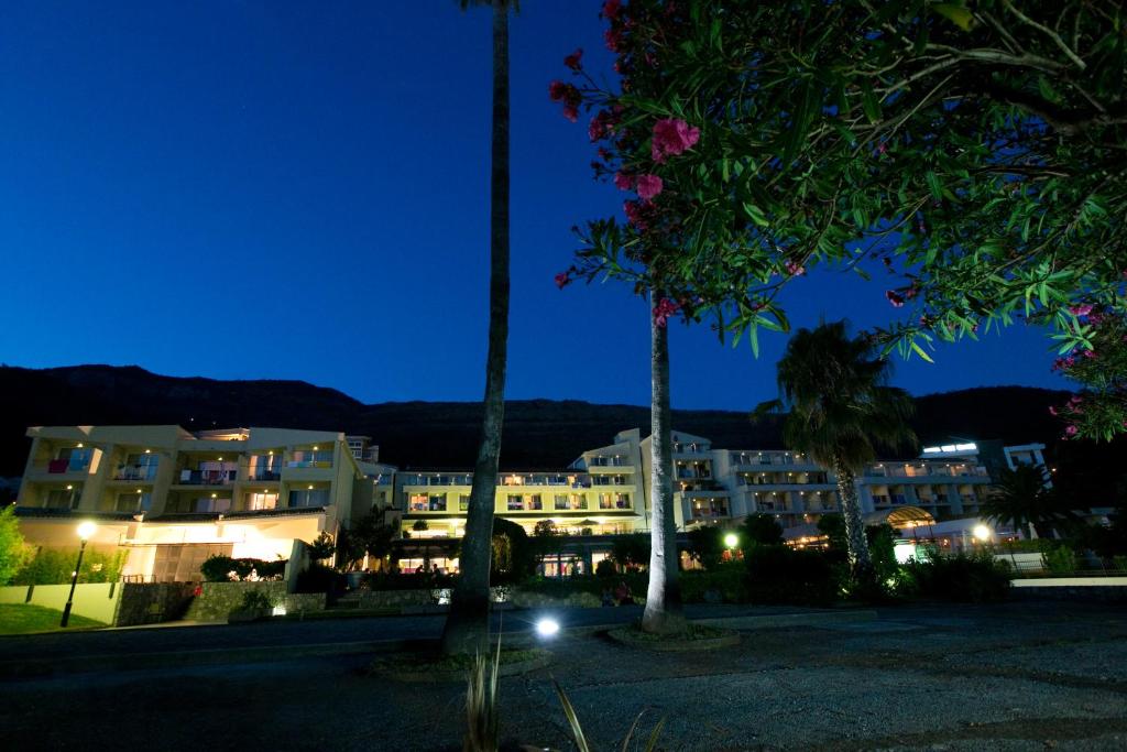 a hotel at night with palm trees in the foreground at Hotel Palas in Petrovac na Moru