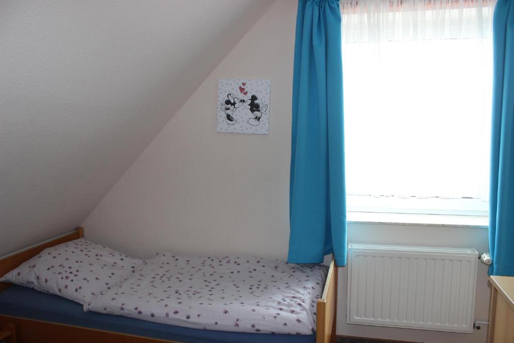 - une chambre avec un lit doté de rideaux bleus et d'une fenêtre dans l'établissement FHKlützke Deichblick, à Kating