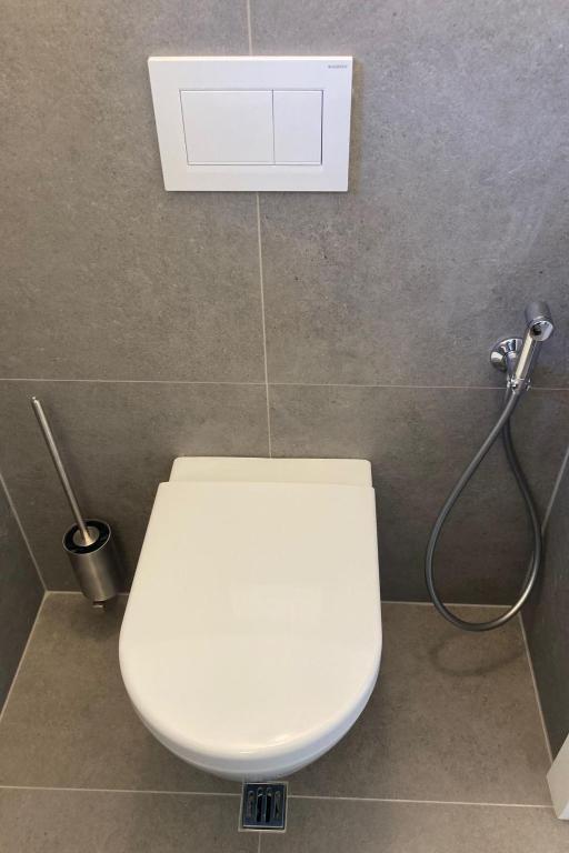a white toilet in a bathroom with a shower at Apartment Das Georgen- Schmitten by Interhome in Fürstau