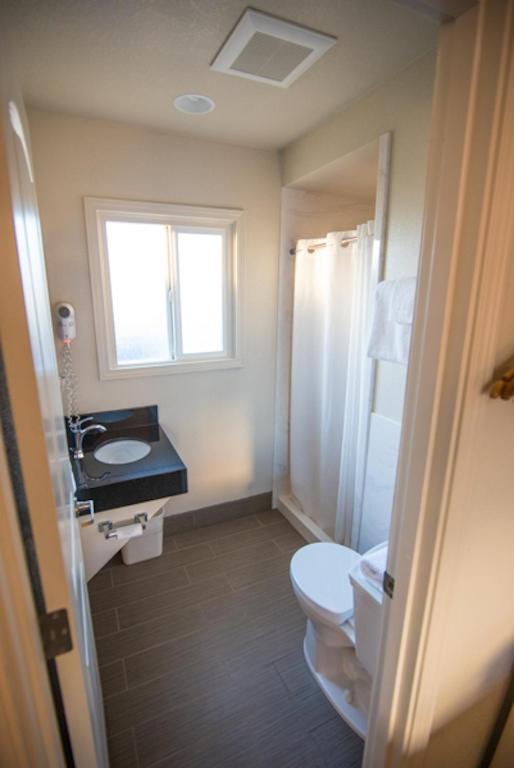 a bathroom with a toilet and a sink and a window at Budget Lodge Eugene - Airport in Eugene
