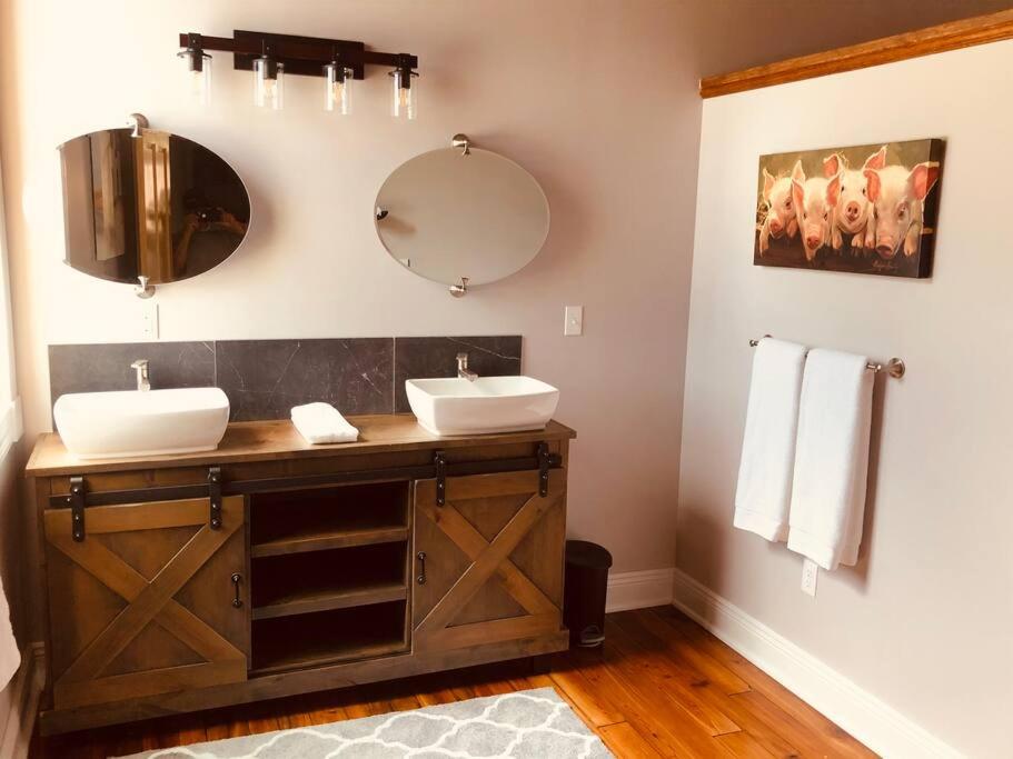 een badkamer met 2 wastafels en 2 spiegels bij Triple Brick on Main in Wyalusing