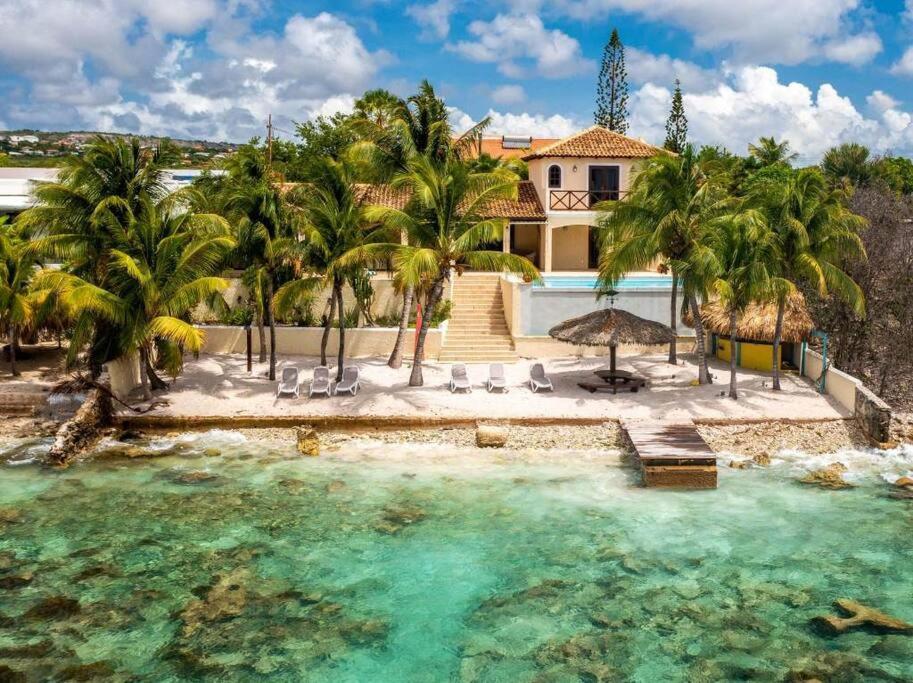 an aerial view of a house with palm trees and water at Beach Villa Casa del Mar in Kralendijk