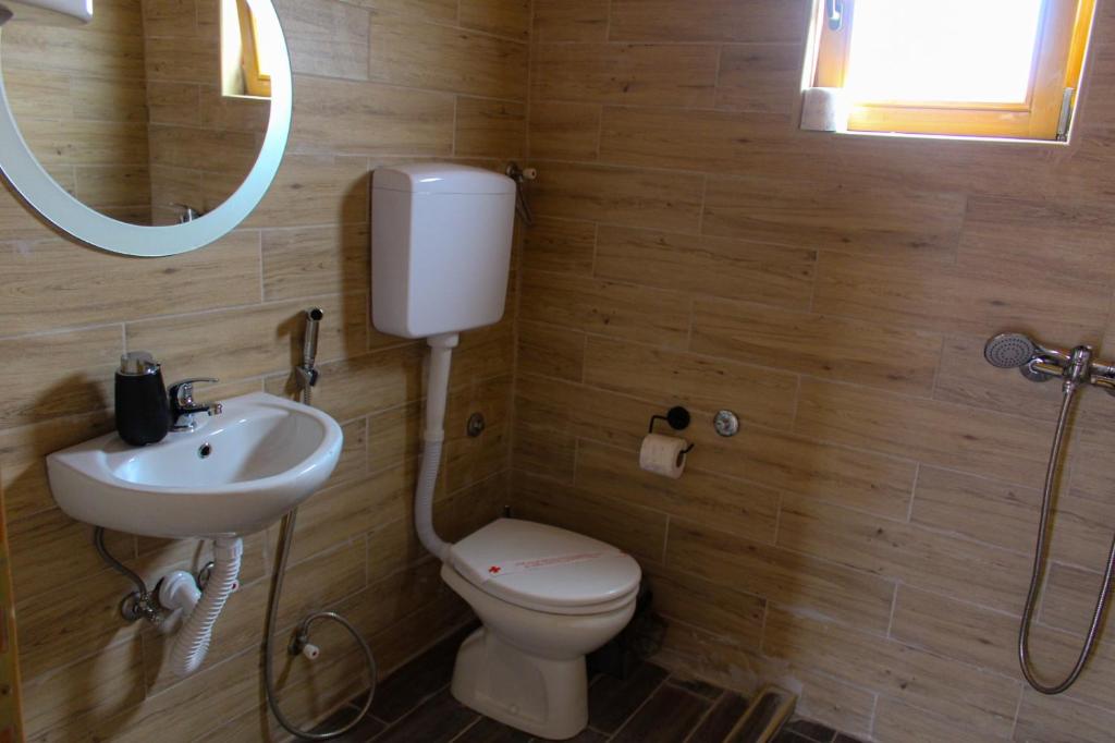 a bathroom with a toilet and a sink and a mirror at Oaza Mira Hotel & Resort-فندق ومنتجع واحة الهدوء in Vlasic