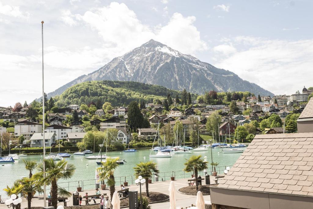 a mountain in the background of a town with a harbor at Boutique Hotel Riviera in Spiez