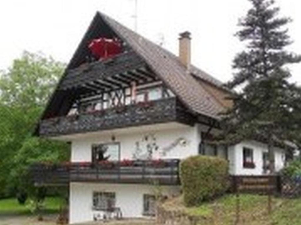 duży biały dom z czarnym dachem w obiekcie Pension Haus Monika w mieście Sasbachwalden