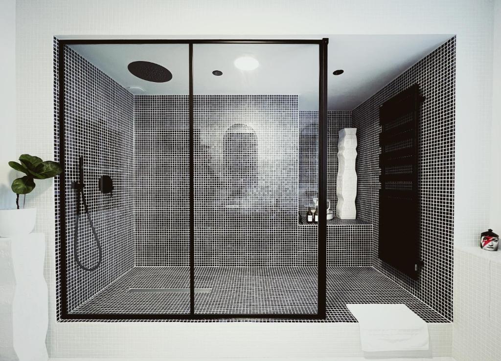 bagno con doccia e porta in vetro di Maison d'hôte Les Allois a Limoges