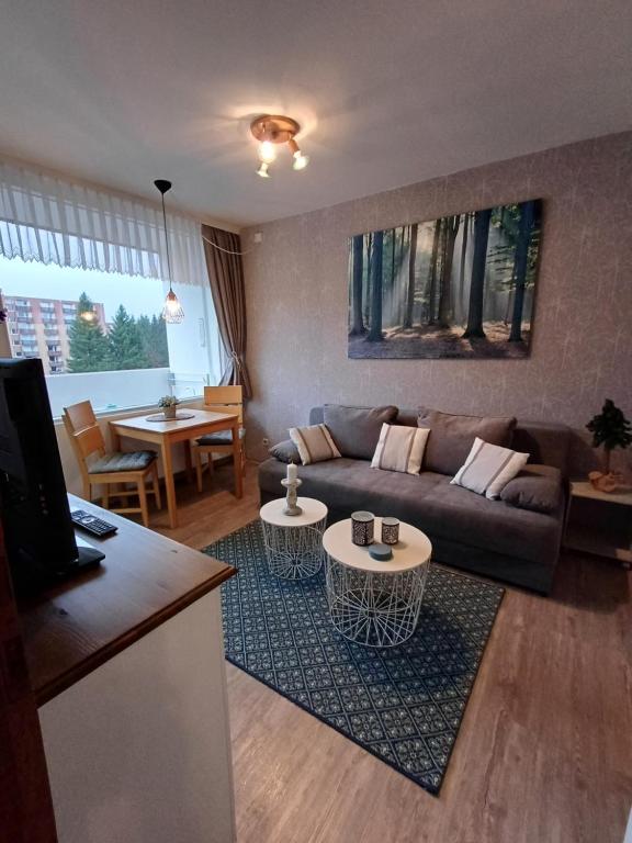 een woonkamer met een bank en een tafel bij Waldfee in Altenau