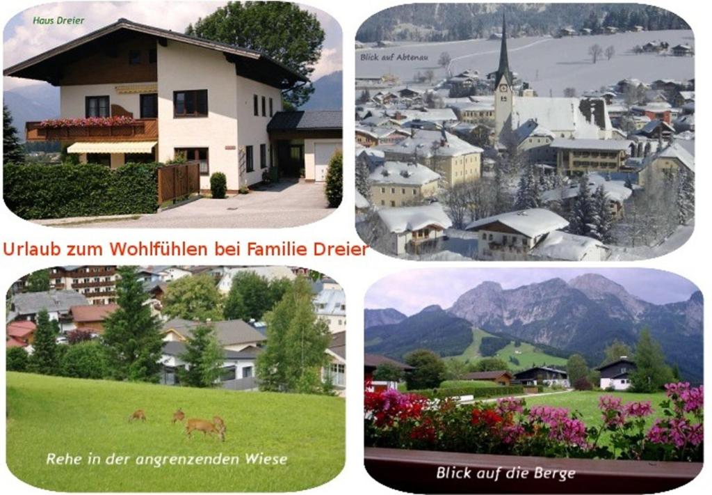 eine Collage mit vier Bildern eines Dorfes in der Unterkunft Apartment Dreier - Salzburger Land in Abtenau