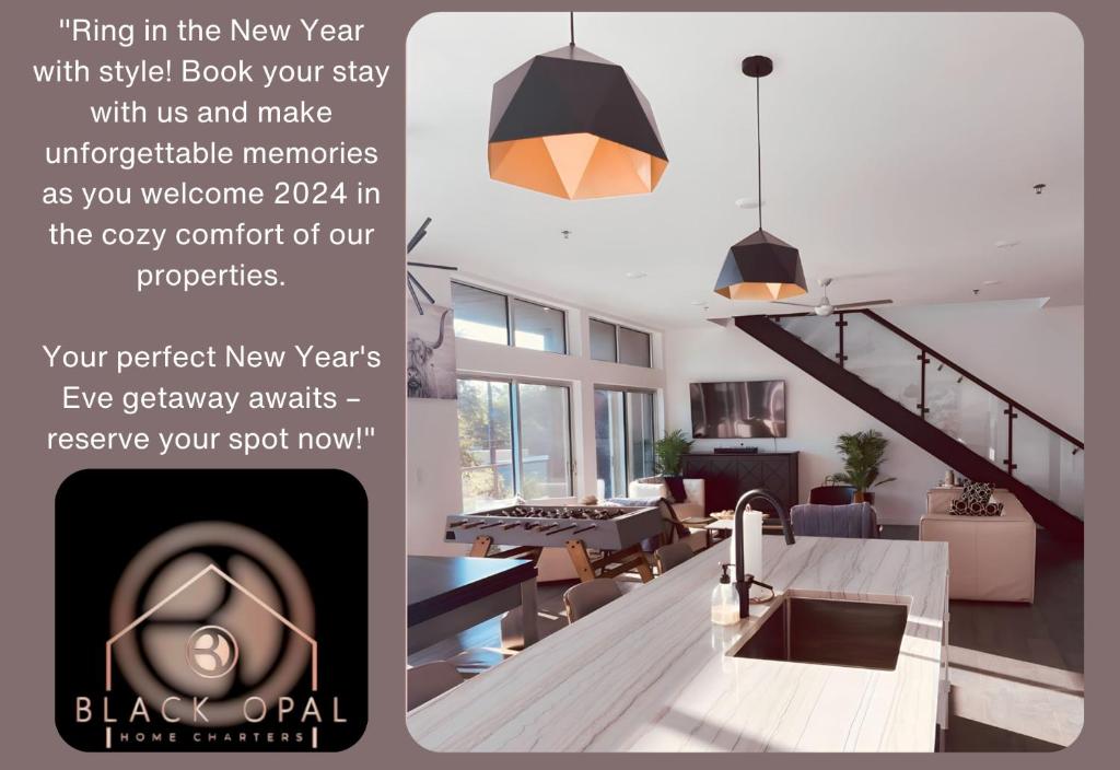 a flyer for a new year with a kitchen and living room at Luxury Penthouse w Glass Wall, Roof Deck, Firepit in DT Austin in Austin