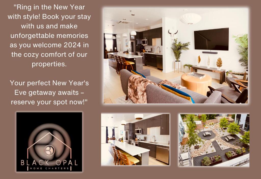 a collage of four pictures of a living room at Walk to Downtown UT Sports Famous Dining and abundant Nightlife from this Luxury Condo w 3 restaurants in the complex in Austin
