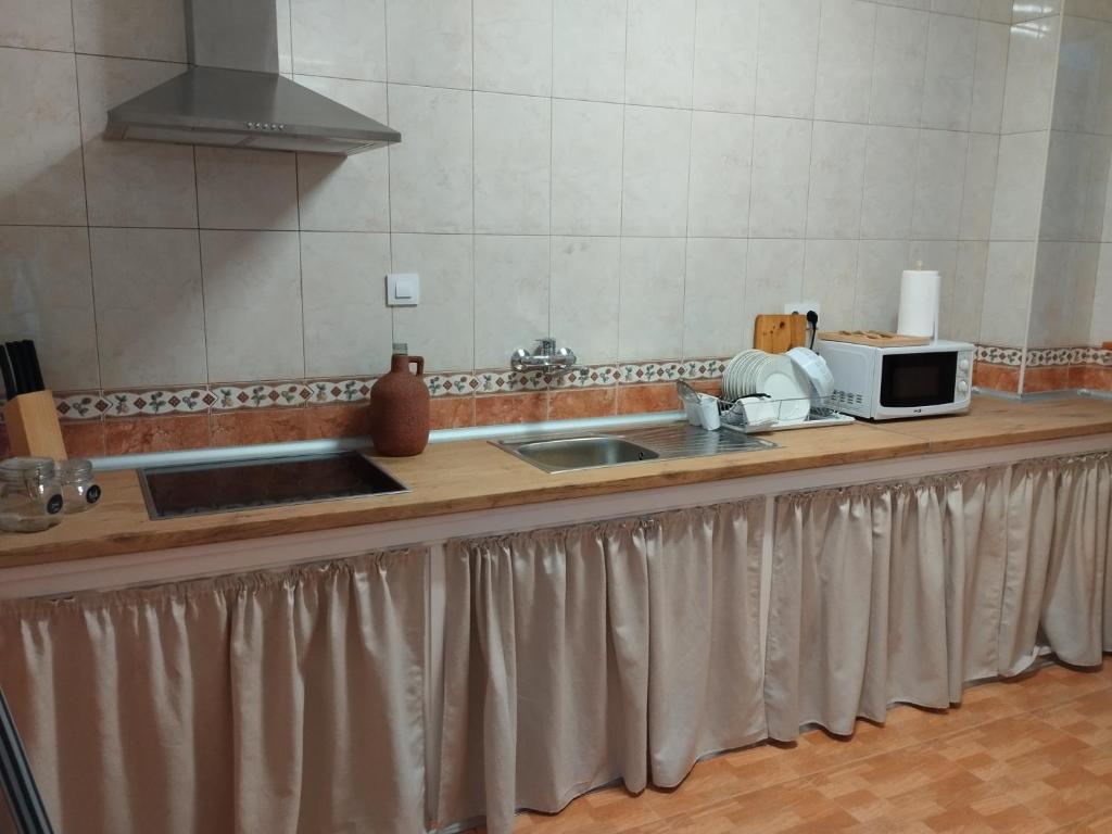 a kitchen counter with a sink and a microwave at La casita del vino in Socuéllamos