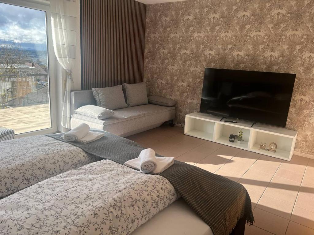 ein Wohnzimmer mit 2 Betten und einem Flachbild-TV in der Unterkunft Rheinview Sunset Apartment Urbar in Urbar