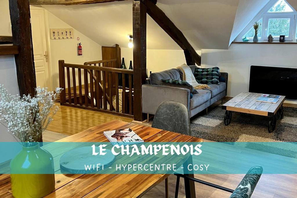 a living room with a couch and a table at LE CHAMPENOIS, Avenue de Champagne in Épernay