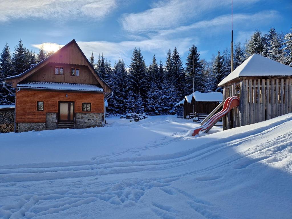溫佩爾克的住宿－Šumavská Barborka，一座带雪盖的院子,里面设有一座房子和滑梯