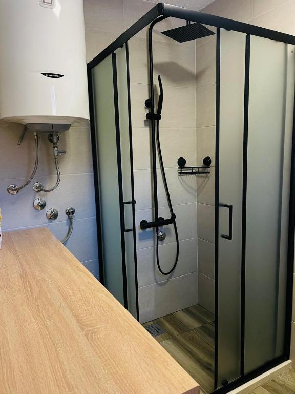 a shower with a glass door in a bathroom at Snowflake in Žabljak