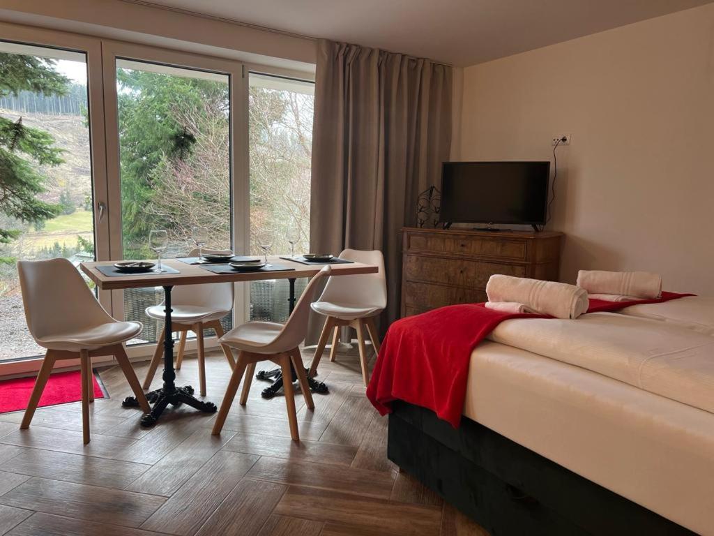 a bedroom with a table and chairs and a television at BergOase-Apart am Feldberg in Feldberg