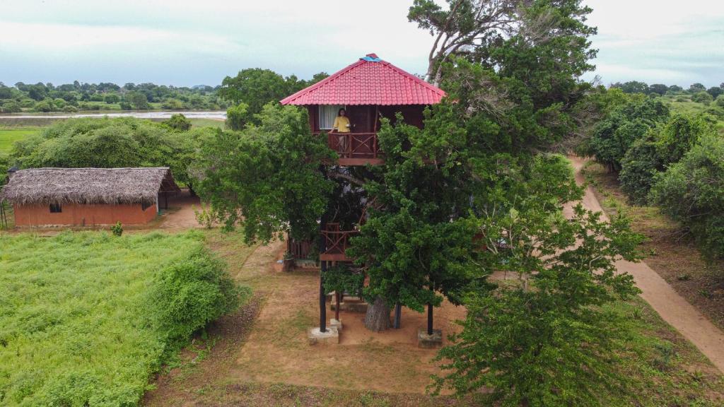 a tree house in the middle of a field at Animal View Point Yala in Tissamaharama