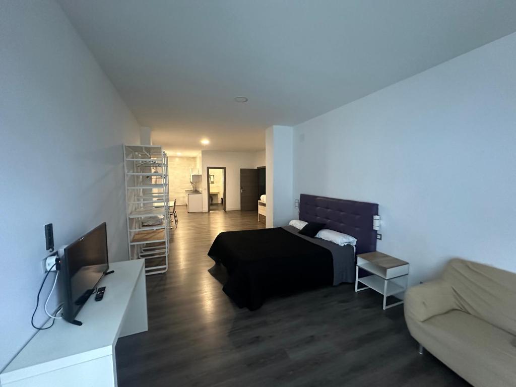 Habitación con cama, sofá y TV. en Apartamentos RK 13 en Bilbao