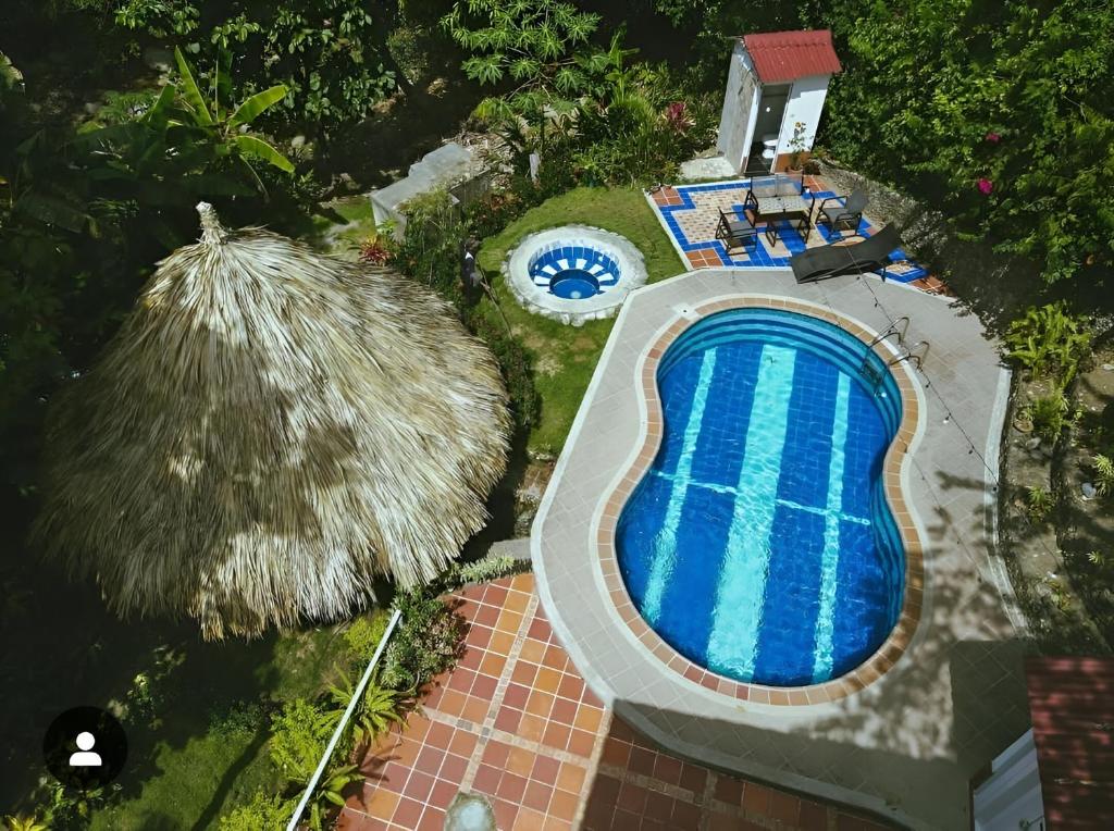 an overhead view of a swimming pool with a thatch roof at Santuario Tayrona Hostel in Calabazo