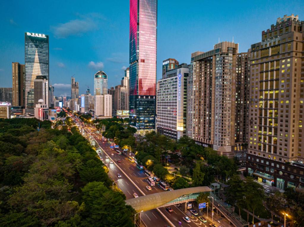 a city skyline with a lot of tall buildings at The Skytel Hotel Shenzhen Central Park in Shenzhen