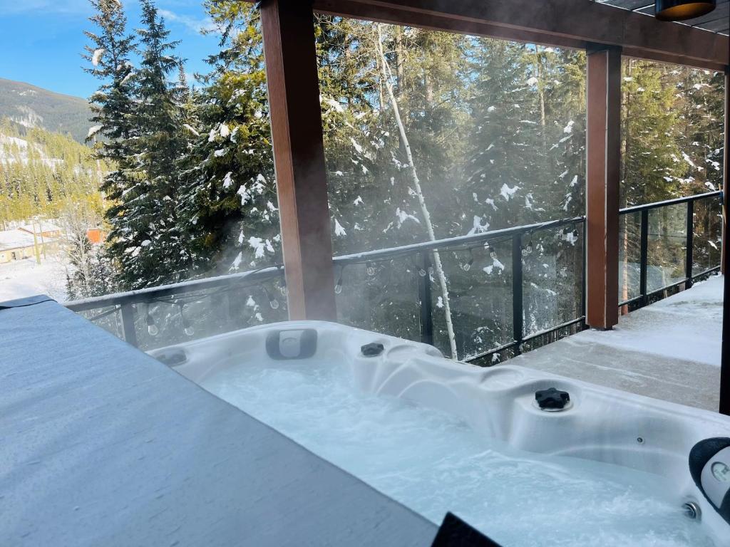 een bad voor een raam bij Ski In Ski Out Private Hot Tub in Panorama