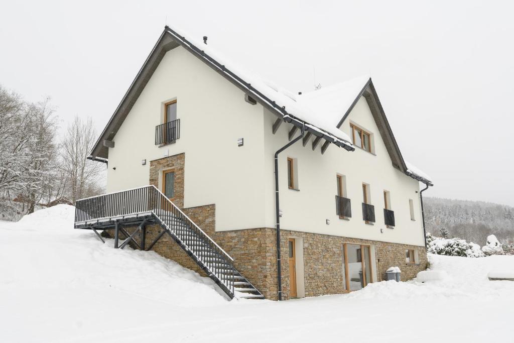 uma casa na neve com uma escada em Apartmány StudenOFF em Rokytnice nad Jizerou