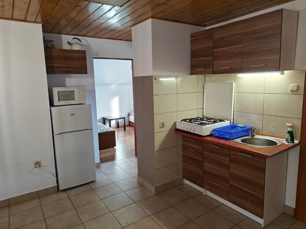 a small kitchen with a sink and a refrigerator at Dom Koniaków in Koniaków