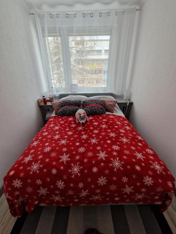 a red blanket on a bed with a window at Apartament Górska Panorama in Szklarska Poręba