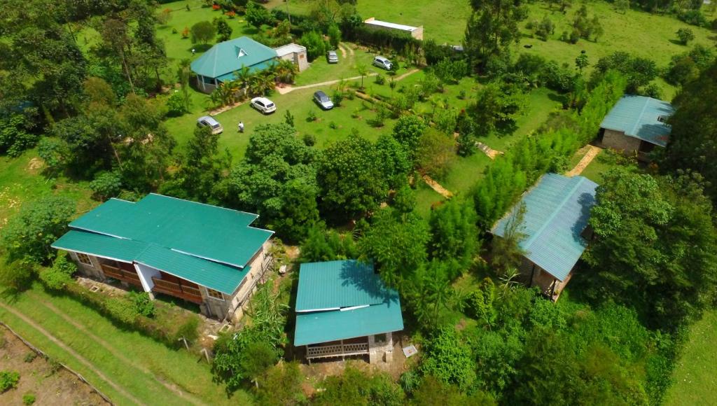 an overhead view of a house with blue roofs at Muga Eco Village in Ntungamo