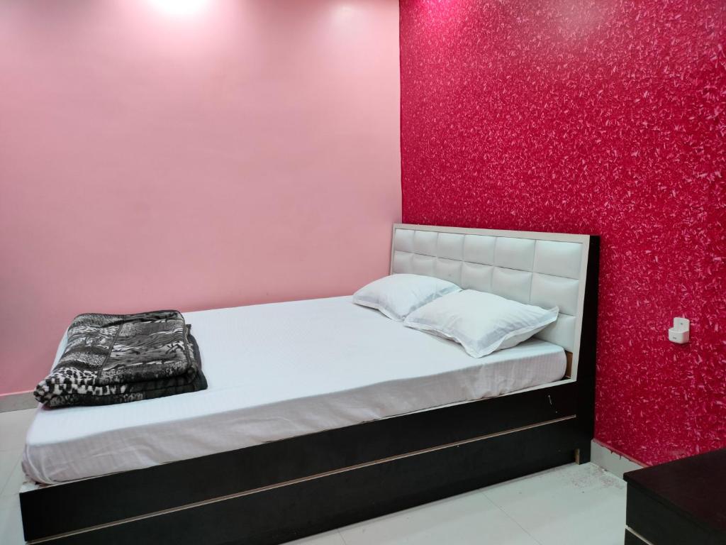 AurangābādにあるHOTEL GANESH PALACEの赤い壁のドミトリールームのベッド1台分です。