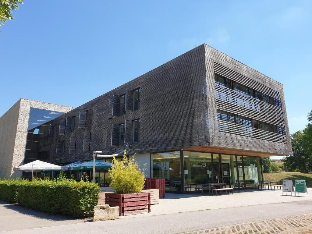 ein großes Gebäude mit einem Holzdach in der Unterkunft Youth Hostel Echternach in Echternach