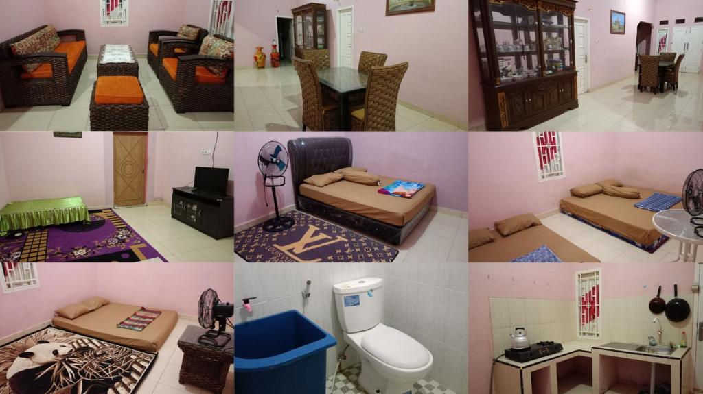 een collage van verschillende foto's van een kamer met bedden bij AL IZZAM HOMESTAY in Pagaralam