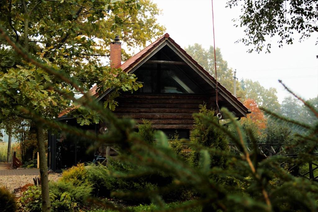 eine Blockhütte inmitten eines Gartens in der Unterkunft Kaimo sodyba Dešimt Beržų 