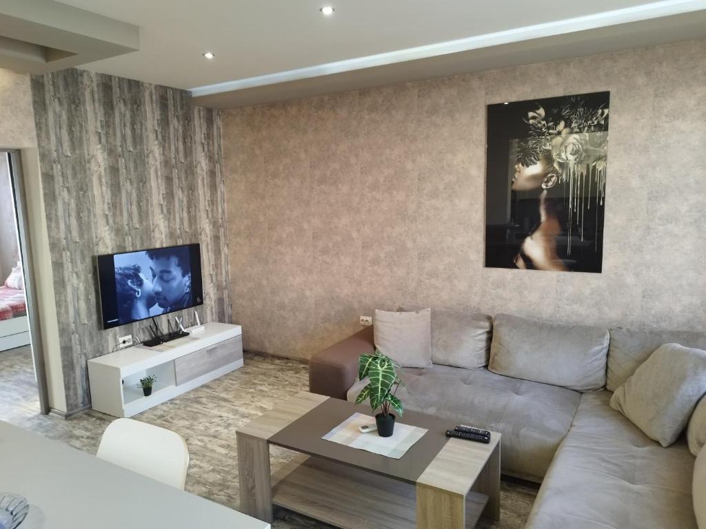 - un salon avec un canapé et une télévision dans l'établissement Heart of Pernik apartment, à Pernik
