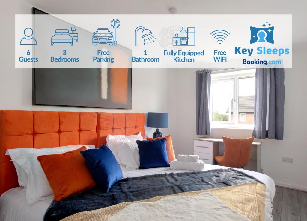 1 dormitorio con 1 cama con cabecero naranja en Free Parking Large House Huyton Golf Club M57, en Roby