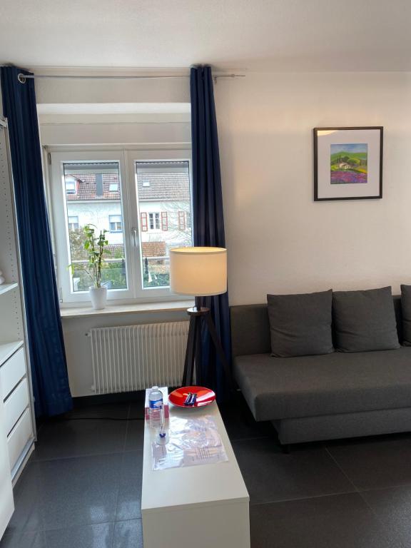 een woonkamer met een bank en een tafel bij Preiswertes stilvolles Zimmer im privaten Haus mit großem schönem modernem Gemeinschaft Badenzimmer in Lörrach