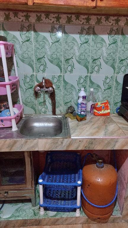um balcão de cozinha com um lavatório e uma prateleira com um vaso em Grand Atlas Guesthouse 44 km from Marrakech em Marraquexe