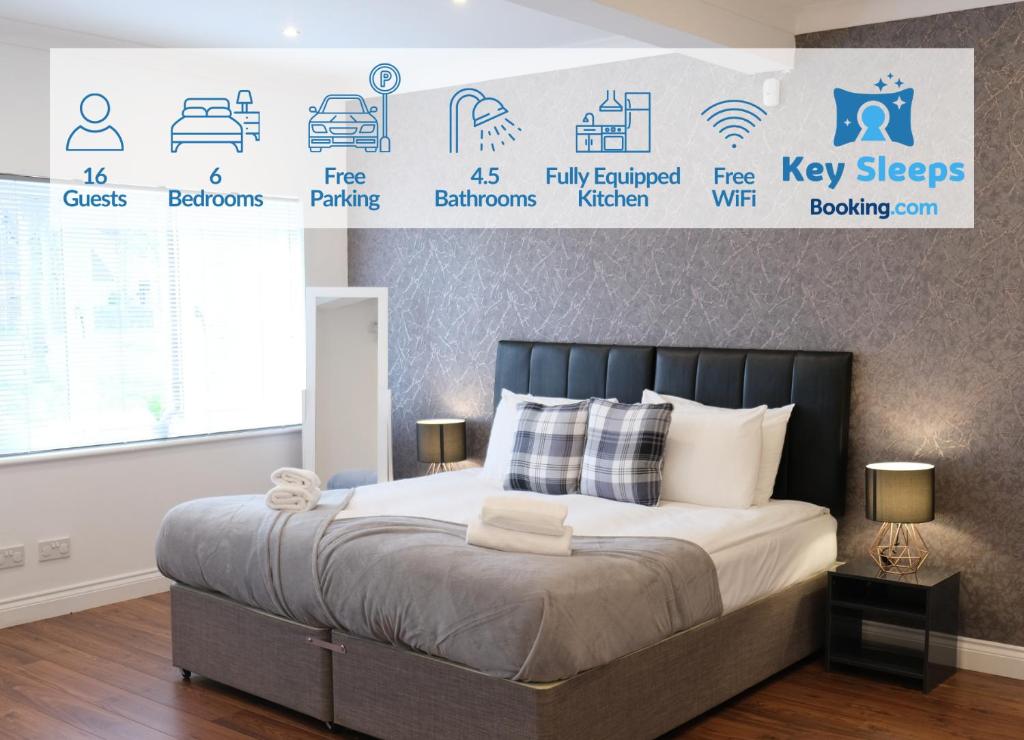 a bedroom with a bed with a poster on the wall at Huge House At Keysleeps Short Lets Milton Keynes With Free Parking Contractor Leisure in Loughton