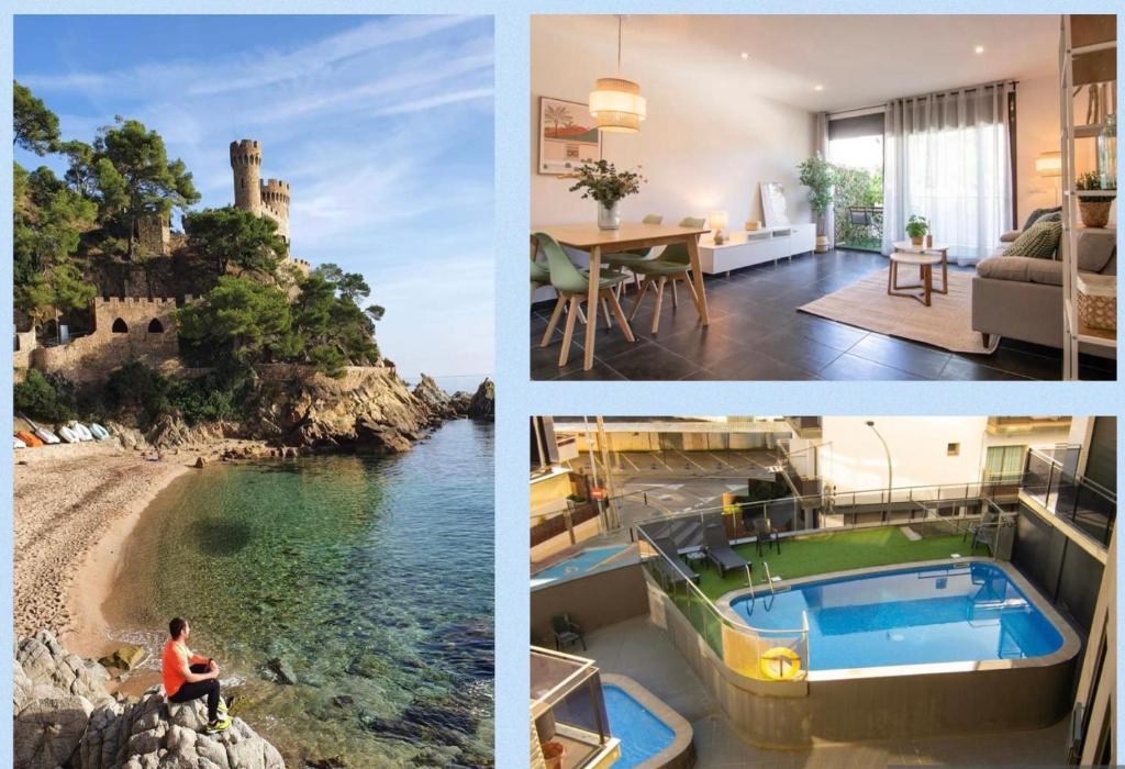 un collage di foto di una casa e di un castello di SeaHomes Vacations - ACACIAS Beach&Chic a Lloret de Mar