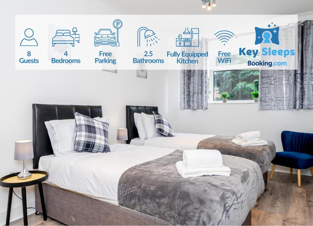 En eller flere senger på et rom på Key Sleeps - Free Parking - Horton - Leisure - Heathrow - Contractor