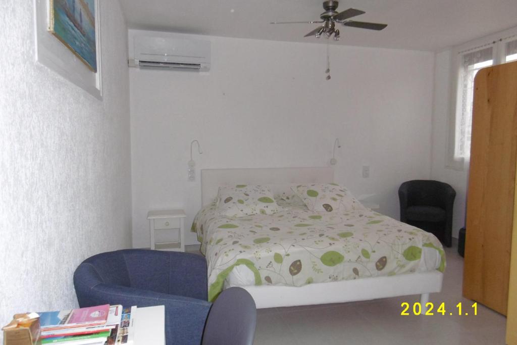 Postel nebo postele na pokoji v ubytování rez de chaussée studio climatisé dans villa