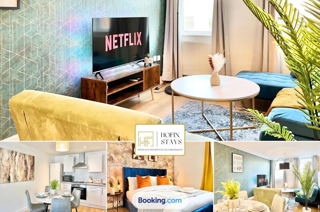 a collage of photos of a living room with a tv at 2 Modern Double Bed Apartment for 6 Guests By Hofin Stays Short Lets & Serviced Accommodation in London