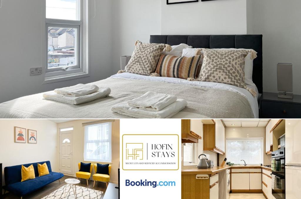 two pictures of a bedroom with a bed and a kitchen at 2 Modern Double Bed Apartment for 5 Guests By Hofin Stays Short Lets & Serviced Accommodation in Dartford