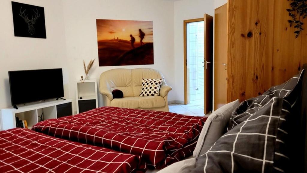 a bedroom with a bed and a chair and a television at Wohlfühl-Ferienwohnung mit Tiefgarage im Grünen in Oberhof